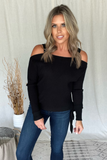 BLACK RIBBED COLD SHOULDER SWEATER