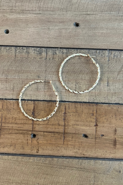 GOLD TEXTURED TWIST HOOP EARRING 2"