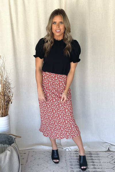 BRICK RED FLORAL MIDI SKIRT