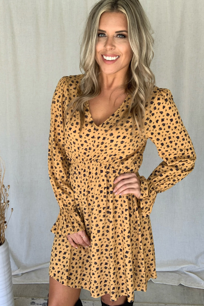 MUSTARD & BLACK FLORAL PRINTED DRESS