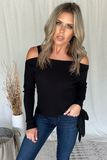 BLACK RIBBED COLD SHOULDER SWEATER