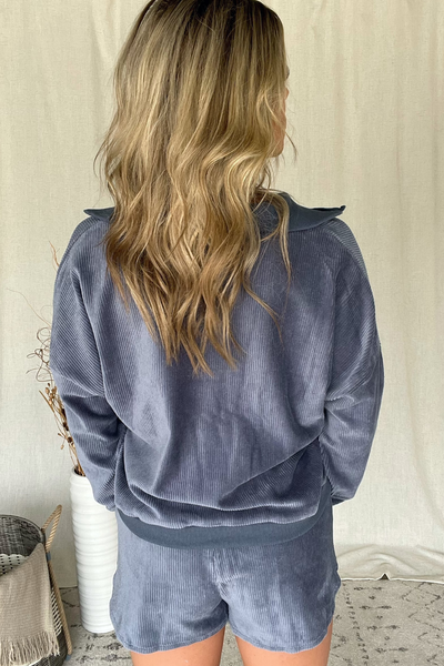 DUSTY BLUE CORDUROY ZIP TOP & SHORT LOUNGE SET