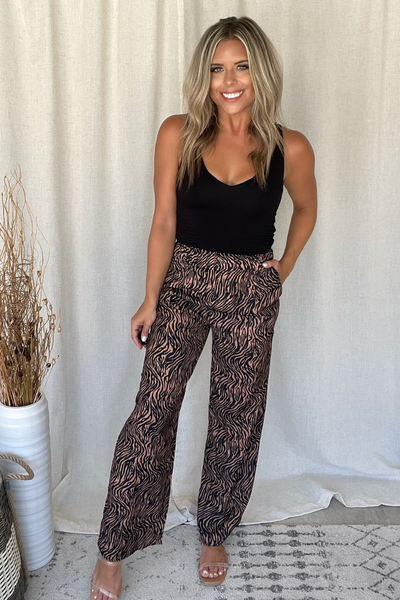 CAMEL ZEBRA PRINT PALAZZO PANTS
