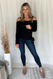 BLACK RIBBED COLD SHOULDER SWEATER