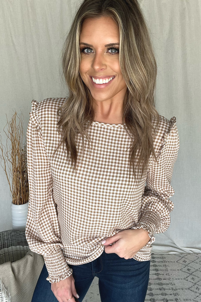 MOCHA GINGHAM TOP WITH RUFFLE SHOULDER
