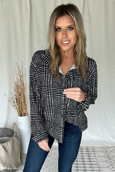 BLACK & WHITE GLEN PLAID PATTERN BLOUSE
