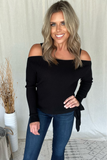 BLACK RIBBED COLD SHOULDER SWEATER