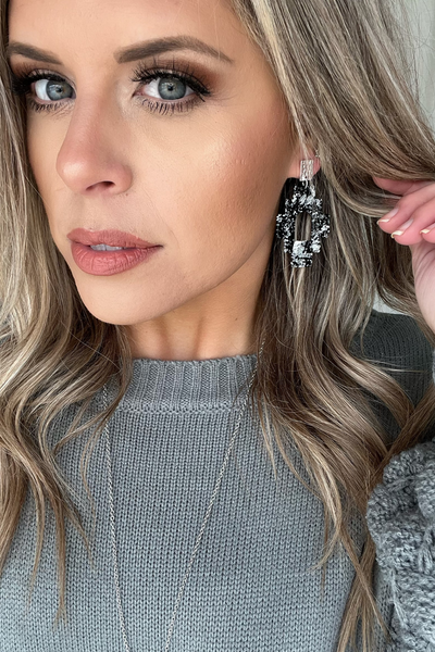 JET RESIN STATEMENT EARRING WITH SILVER LEAF
