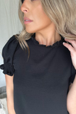 BLACK MOCK NECK TOP WITH SMOCKED SLEEVES