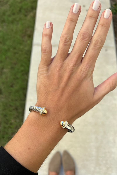 SILVER CABLE CUFF BRACELET WITH GOLD & CZ LARGE