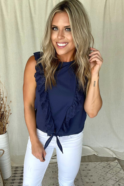 NAVY CROCHET RUFFLE TANK