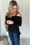 BLACK RIBBED COLD SHOULDER SWEATER