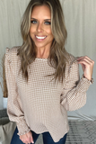MOCHA GINGHAM TOP WITH RUFFLE SHOULDER