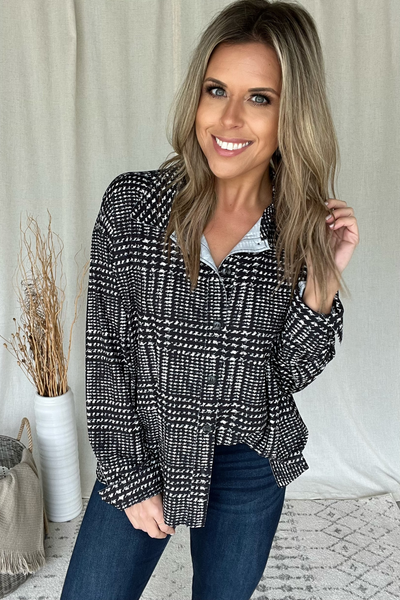BLACK & WHITE GLEN PLAID PATTERN BLOUSE
