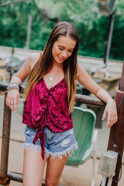 BURGUNDY VELVET TIE TANK