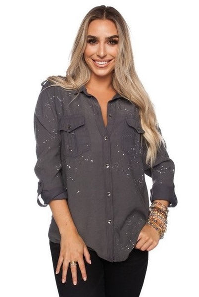 GREY SPLATTER BUTTON-UP