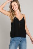BLACK V NECK LACE TRIM BUTTON TANK