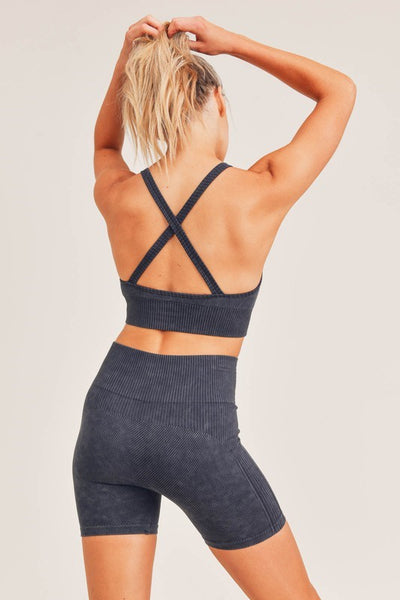 BLACK MINERAL WASH MULTI-RIBBED CROSS BRA