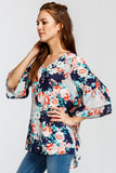 NAVY FLORAL TIERED SLEEVE BLOUSE