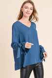TEAL TIE CUFF BLOUSE