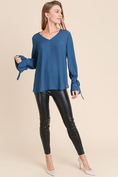 TEAL TIE CUFF BLOUSE