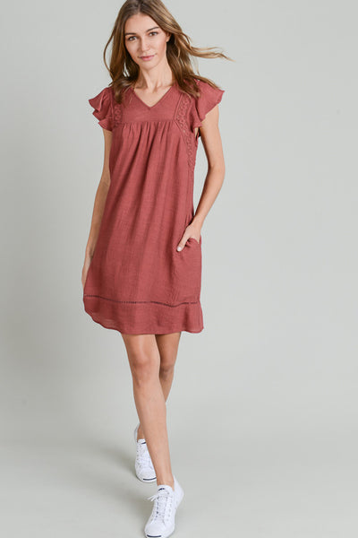 FLUTTER SLEEVE DRESS WITH CROCHET DETAIL