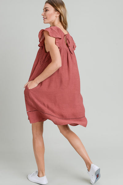 FLUTTER SLEEVE DRESS WITH CROCHET DETAIL