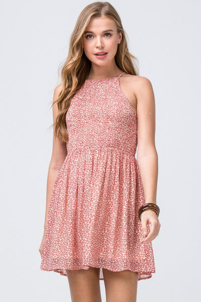 RED FLORAL HIGH NECK SMOCKED DRESS