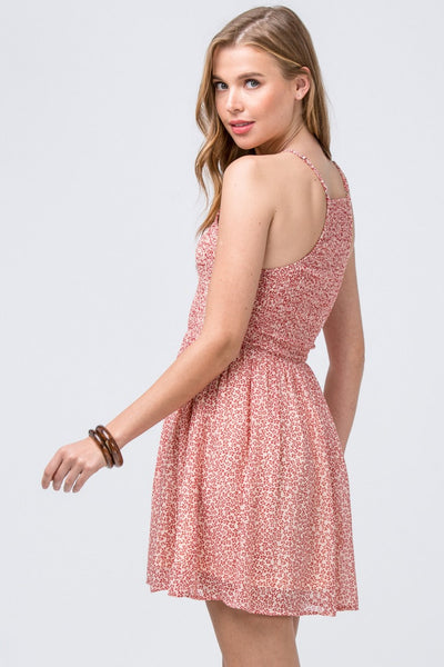 RED FLORAL HIGH NECK SMOCKED DRESS