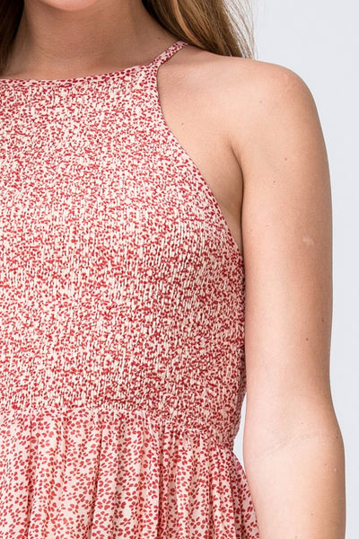 RED FLORAL HIGH NECK SMOCKED DRESS
