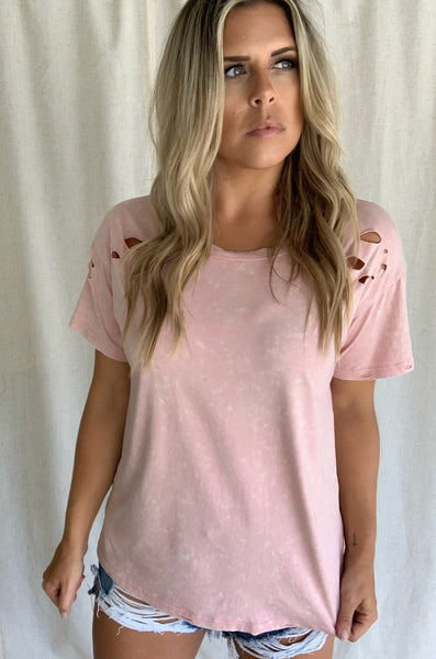 PINK DISTRESSED TEE