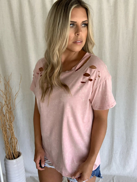 PINK DISTRESSED TEE