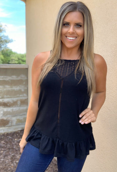 BLACK CROCHET RUFFLE TANK