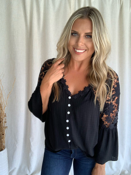 BLACK CROCHET LACE BUTTON TOP