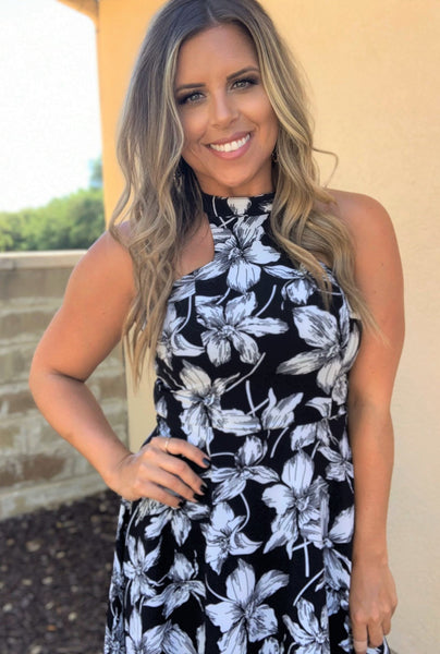 BLACK & IVORY FLORAL A-LINE DRESS