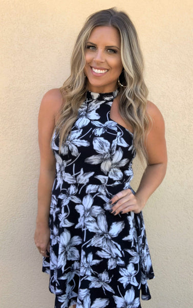 BLACK & IVORY FLORAL A-LINE DRESS