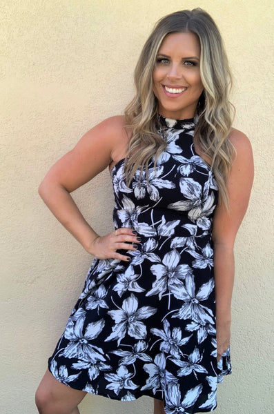 BLACK & IVORY FLORAL A-LINE DRESS