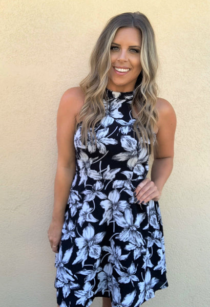 BLACK & IVORY FLORAL A-LINE DRESS