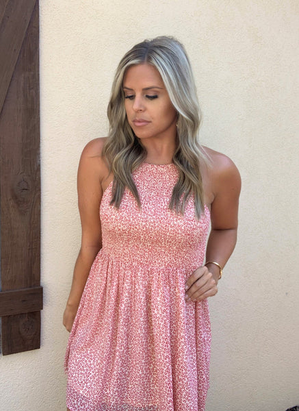 RED FLORAL HIGH NECK SMOCKED DRESS