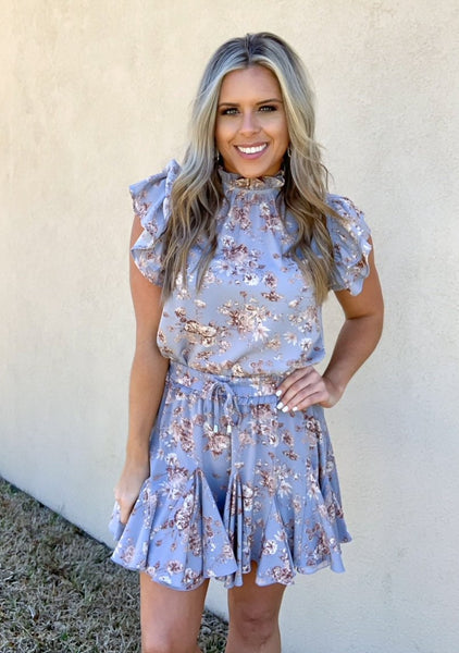 BLUE FLORAL RUFFLE SKORT