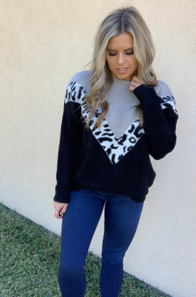 GREY & BLACK LEOPARD SWEATER