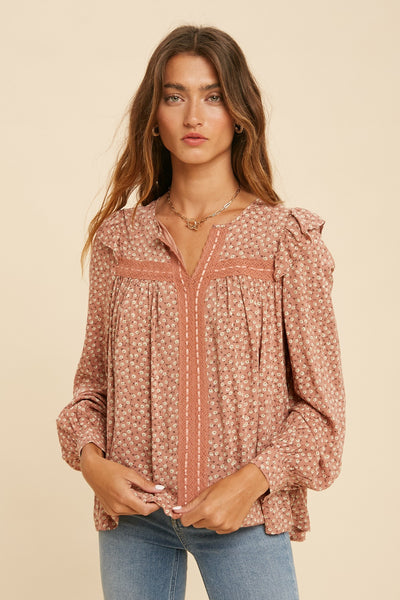 MAUVE FLORAL RUFFLE BLOUSE