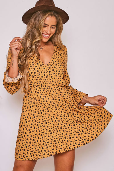 MUSTARD & BLACK FLORAL PRINTED DRESS