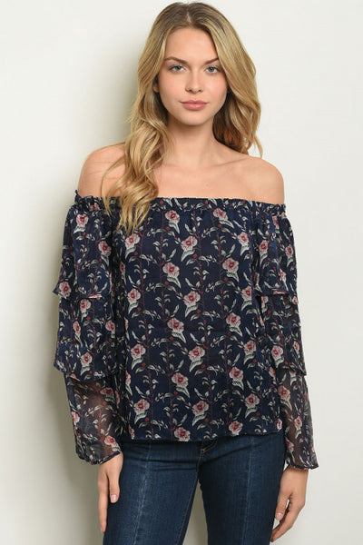 NAVY FLORAL OTS BLOUSE