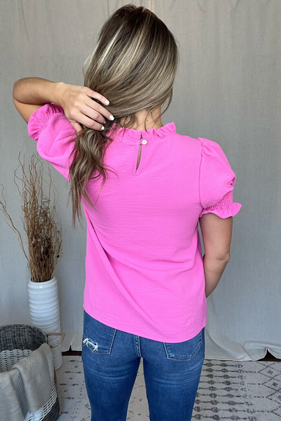 BUBBLE GUM PINK MOCK NECK TOP WITH SMOCKED SLEEVES