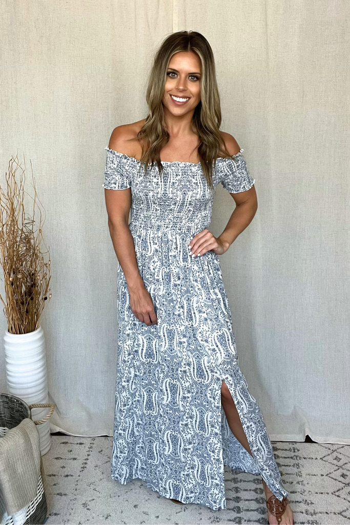WHITE & BLUE SMOCKED FLORAL PRINT MAXI DRESS Boutique by Alexia WHITE & BLUE SMOCKED FLORAL PRINT MAXI DRESS Boutique by Alexia