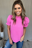 BUBBLE GUM PINK MOCK NECK TOP WITH SMOCKED SLEEVES