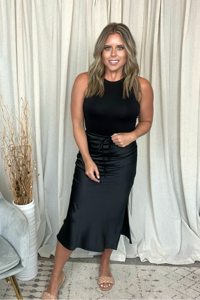 BLACK SATIN MIDI SKIRT