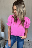 BUBBLE GUM PINK MOCK NECK TOP WITH SMOCKED SLEEVES