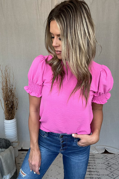 BUBBLE GUM PINK MOCK NECK TOP WITH SMOCKED SLEEVES